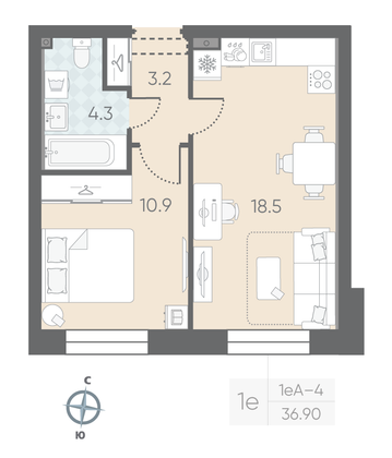 Продажа 1-комнатной квартиры 36,9 м², 2/10 этаж