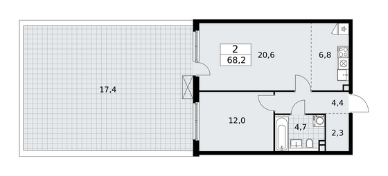 68,2 м², своб. планировка, 2/17 этаж