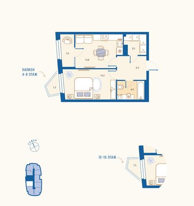 Продажа 1-комнатной квартиры 47,2 м², 4/18 этаж