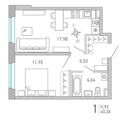 40,4 м², 1-комн. квартира, 2/10 этаж