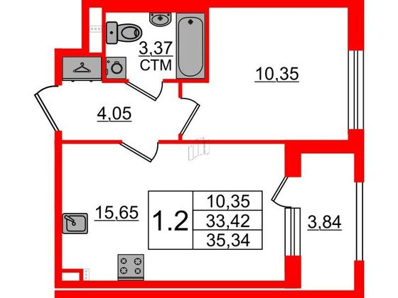 Продажа 1-комнатной квартиры 33,4 м², 2/4 этаж