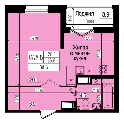 38,6 м², студия, 15/23 этаж