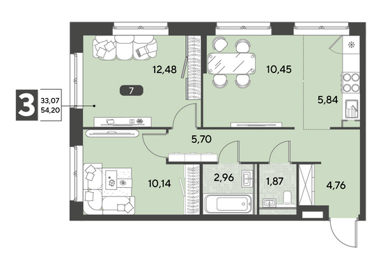 Продажа 3-комнатной квартиры 54,2 м², 2/25 этаж