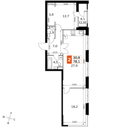 78,1 м², 3-комн. квартира, 27/43 этаж