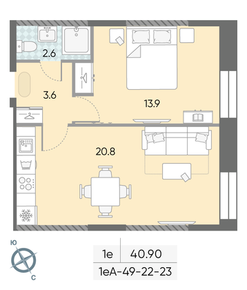 40,9 м², 1-комн. квартира, 23/28 этаж