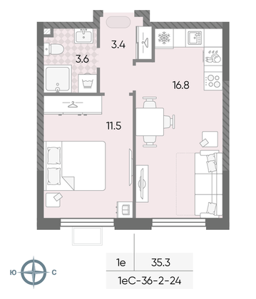 35,3 м², 1-комн. квартира, 11/24 этаж