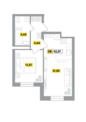 42,5 м², 2-комн. квартира, 1 этаж