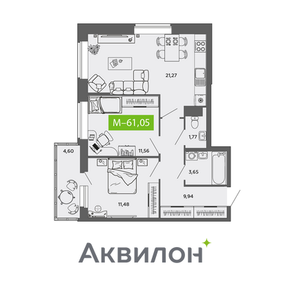 61 м², 2-комн. квартира, 2/9 этаж