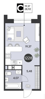 Продажа квартиры-студии 28,9 м², 16/21 этаж