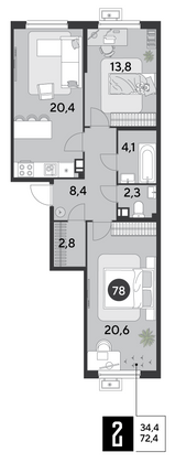 Продажа 2-комнатной квартиры 72,4 м², 9/16 этаж