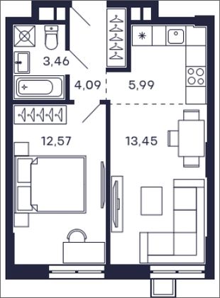 39,6 м², 1-комн. квартира, 2/28 этаж