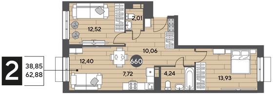 Продажа 2-комнатной квартиры 62,9 м², 2/15 этаж