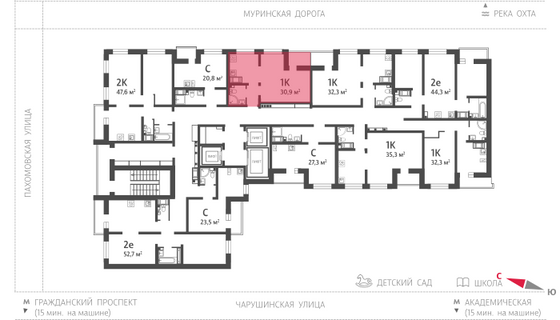 30,9 м², 1-комн. квартира, 20/25 этаж