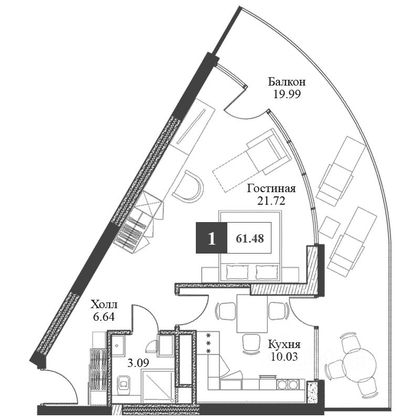 Продажа 1-комнатной квартиры 63,8 м², 2/16 этаж