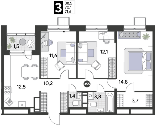 Продажа 3-комнатной квартиры 71,6 м², 12/21 этаж