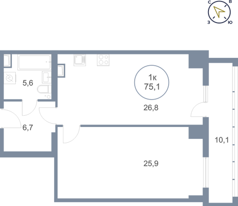 75,1 м², 1-комн. квартира, 23/25 этаж