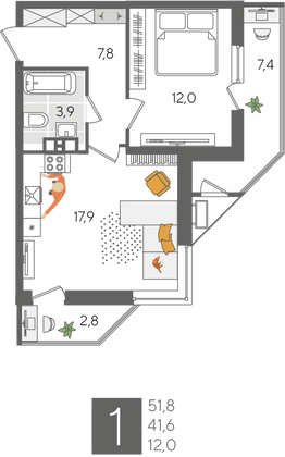 Продажа 1-комнатной квартиры 51,8 м², 7/24 этаж