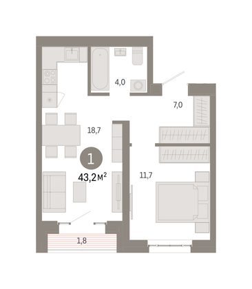 43,2 м², 1-комн. квартира, 12/16 этаж