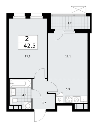 42,5 м², 2-комн. квартира, 9/14 этаж