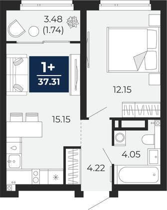 37,3 м², 1-комн. квартира, 8/22 этаж