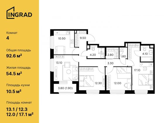 92,6 м², 4-комн. квартира, 12/12 этаж