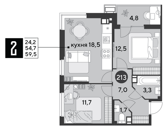 59,5 м², 2-комн. квартира, 6/9 этаж