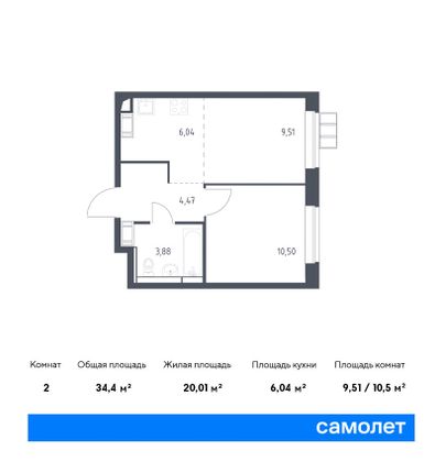 34,4 м², 1-комн. квартира, 2/10 этаж