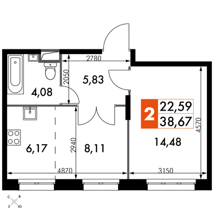 38,7 м², 2-комн. квартира, 7/15 этаж