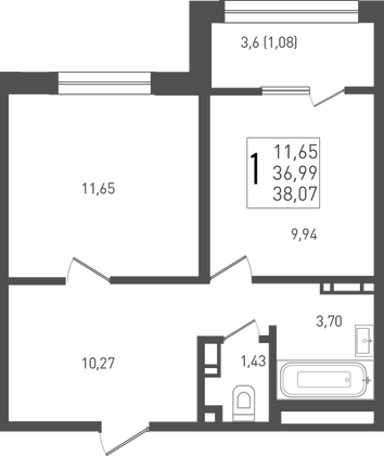 38,1 м², 1-комн. квартира, 3/9 этаж