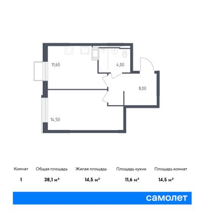 38,1 м², 1-комн. квартира, 10/10 этаж