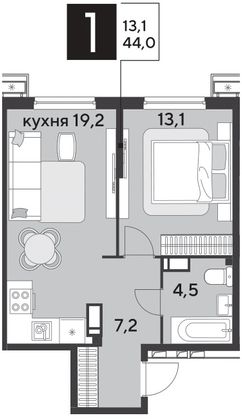 Продажа 1-комнатной квартиры 44 м², 12/18 этаж