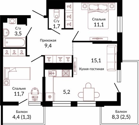 61,5 м², 2-комн. квартира, 2/22 этаж