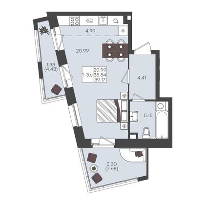 Продажа 1-комнатной квартиры 39,2 м², 10/22 этаж