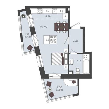 Продажа 1-комнатной квартиры 39,2 м², 12/22 этаж