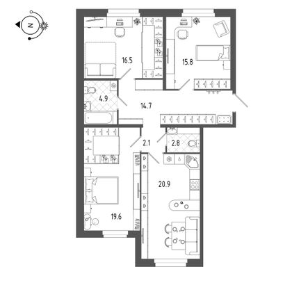 97,3 м², 3-комн. квартира, 1/19 этаж