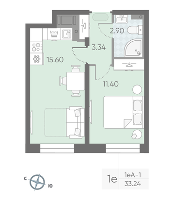 Продажа 1-комнатной квартиры 33,2 м², 18/25 этаж