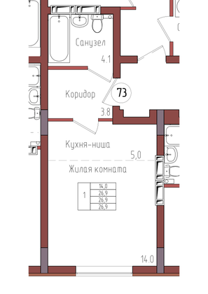 26,9 м², 1-комн. квартира, 1/9 этаж