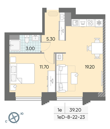 Продажа 1-комнатной квартиры 39,2 м², 22/58 этаж