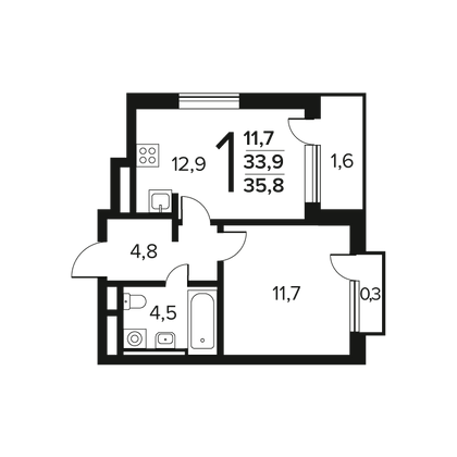 35,8 м², 1-комн. квартира, 4/9 этаж