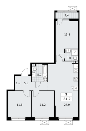 81,2 м², своб. планировка, 3/17 этаж