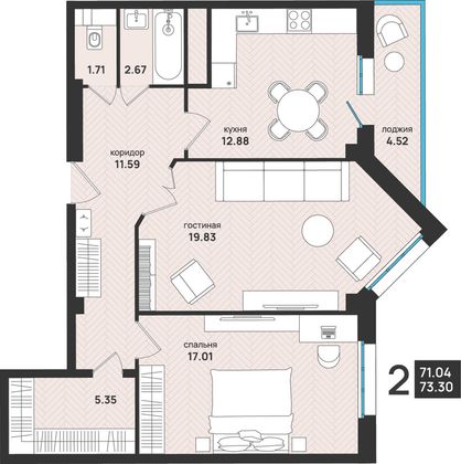 73,3 м², 2-комн. квартира, 9/13 этаж