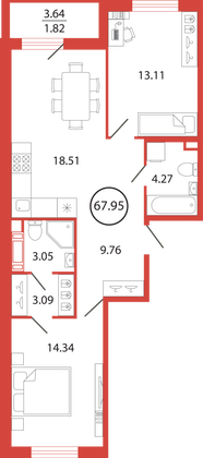 67,9 м², 2-комн. квартира, 10/12 этаж