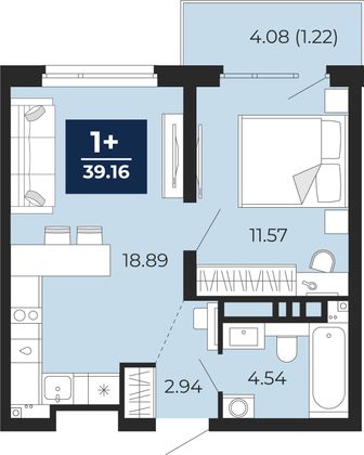 39,2 м², 1-комн. квартира, 15/22 этаж