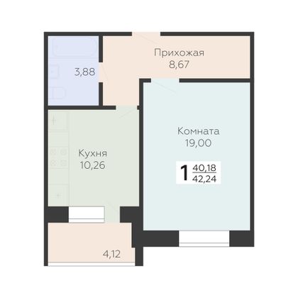 Продажа 1-комнатной квартиры 42,2 м², 9/17 этаж