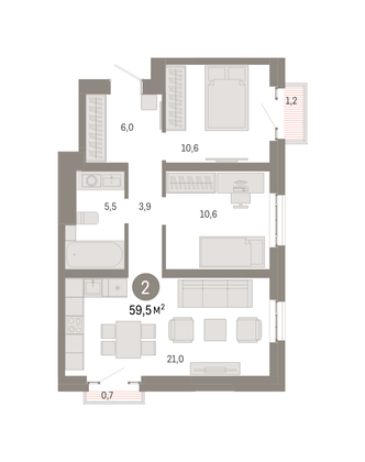 Продажа 2-комнатной квартиры 59,5 м², 28/31 этаж