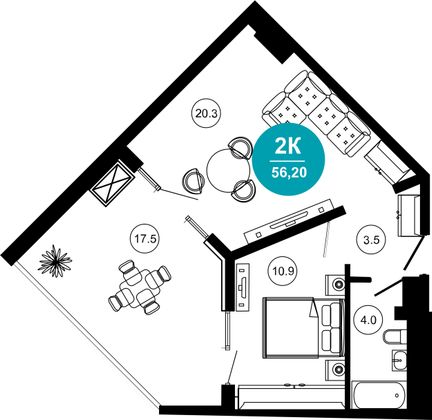 56,2 м², 2-комн. квартира, 10/10 этаж