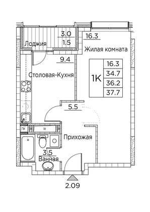 37,7 м², 1-комн. квартира, 20/23 этаж
