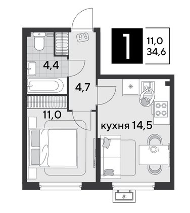 Продажа 1-комнатной квартиры 34,6 м², 2/9 этаж