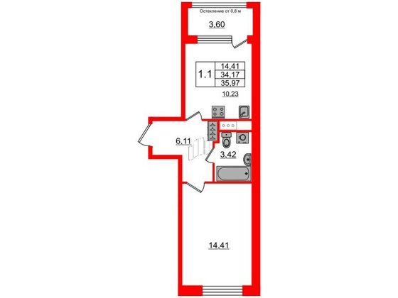 Продажа 1-комнатной квартиры 34,2 м², 4/9 этаж