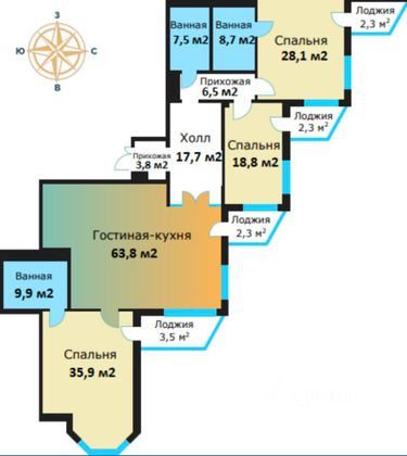 Продажа 3-комнатной квартиры 200,7 м², 4/18 этаж